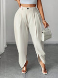 Plus Size Pleated Maxi Pants – Apricot Wide Leg Trousers with Pockets, High Waist Casual Elegant