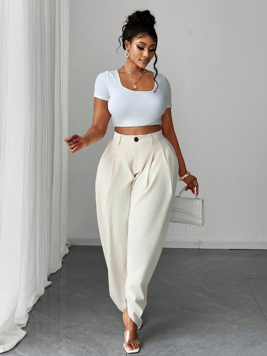 Plus Size Pleated Maxi Pants – Apricot Wide Leg Trousers with Pockets, High Waist Casual Elegant