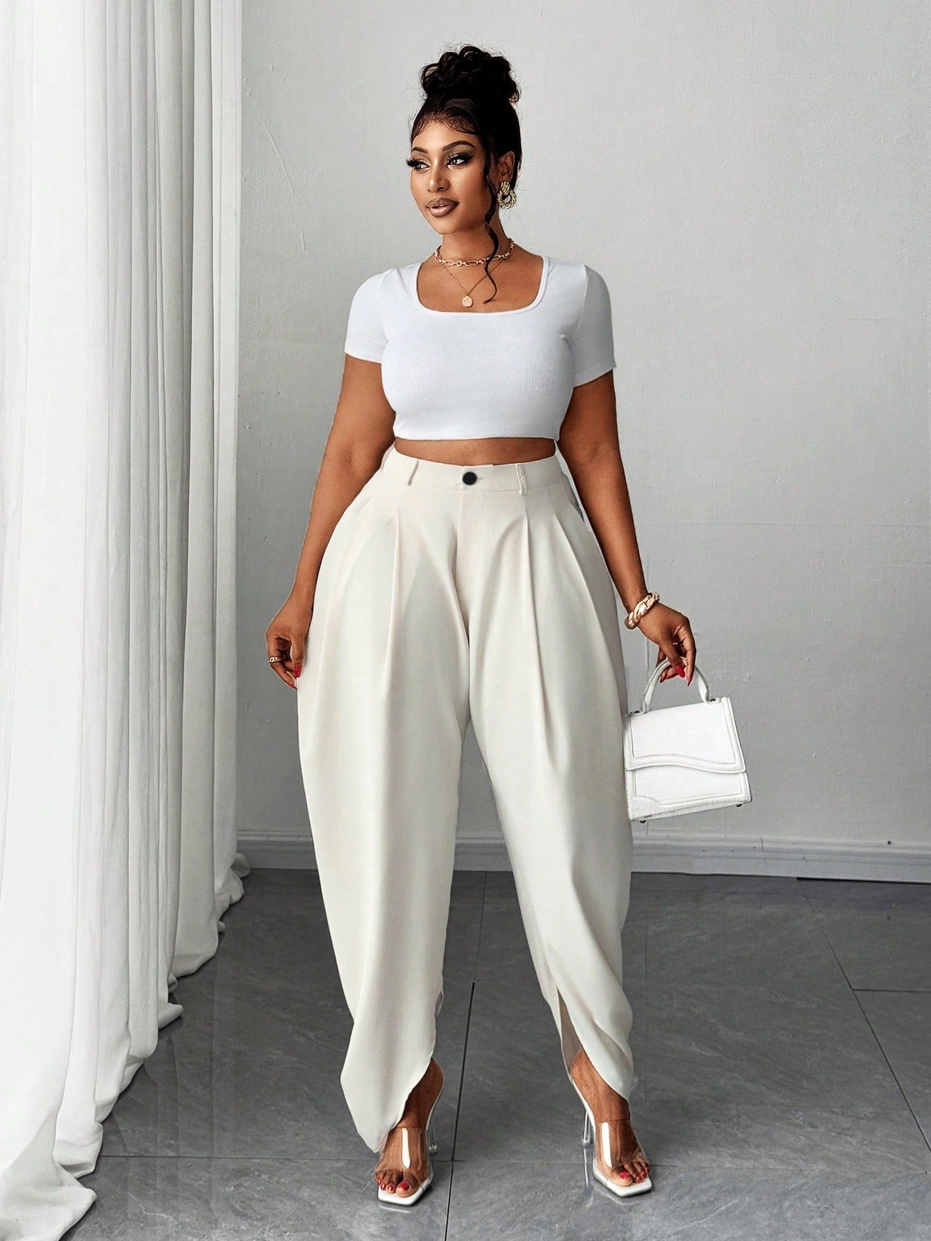 Plus Size Pleated Maxi Pants – Apricot Wide Leg Trousers with Pockets, High Waist Casual Elegant