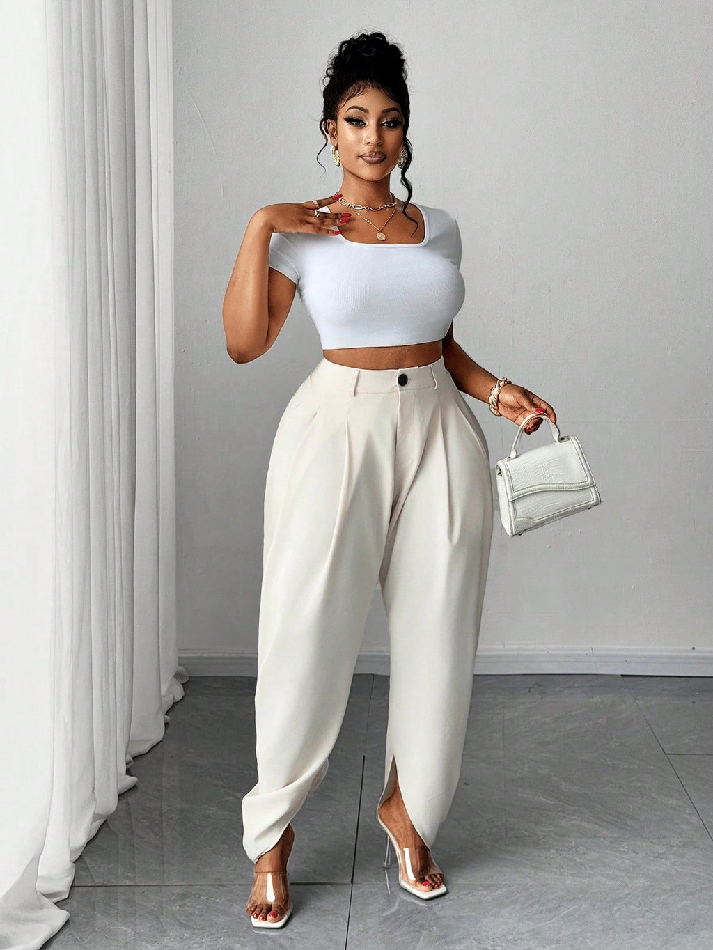 Plus Size Pleated Maxi Pants – Apricot Wide Leg Trousers with Pockets, High Waist Casual Elegant