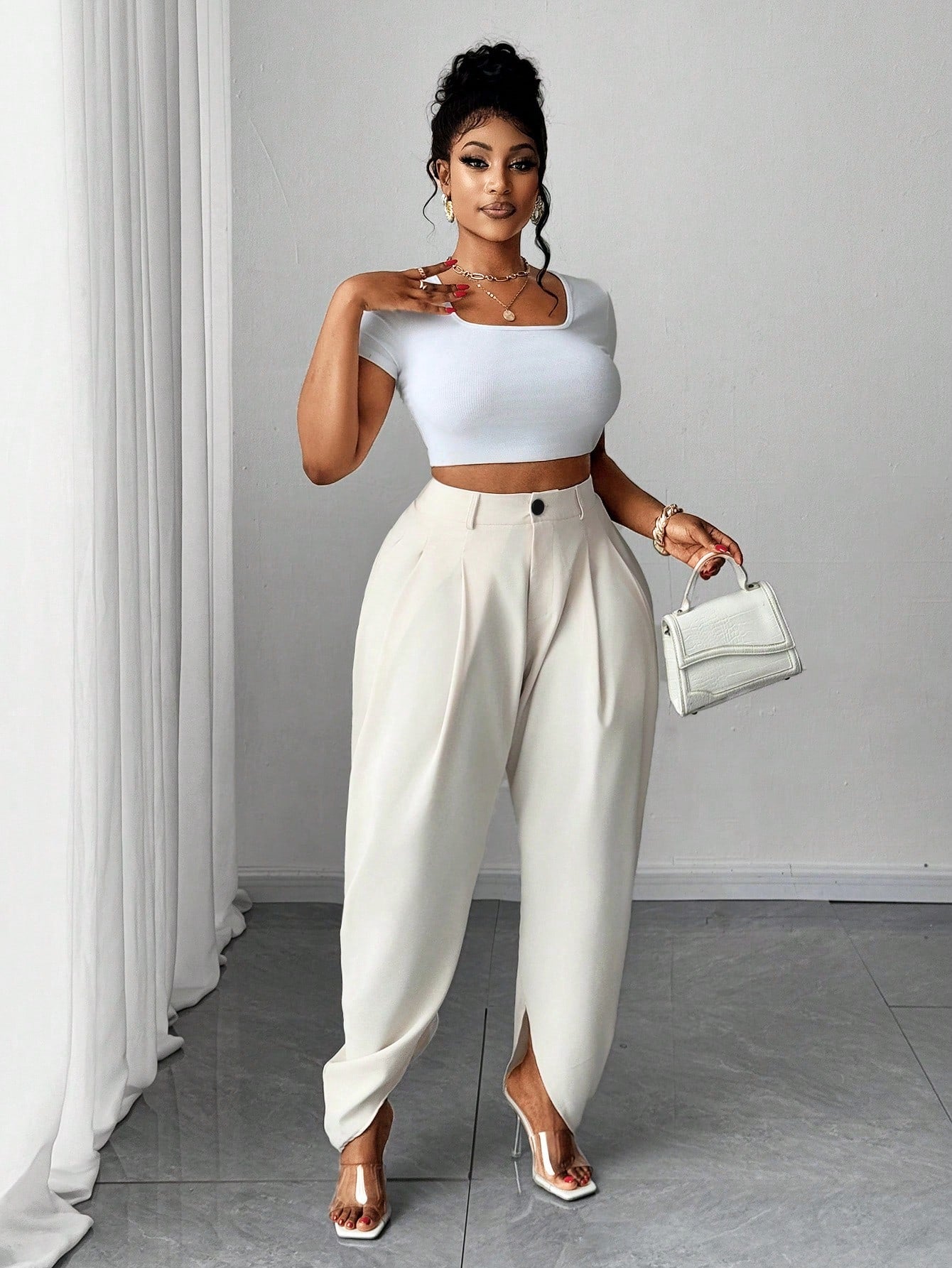 Plus Size Pleated Maxi Pants – Apricot Wide Leg Trousers with Pockets, High Waist Casual Elegant