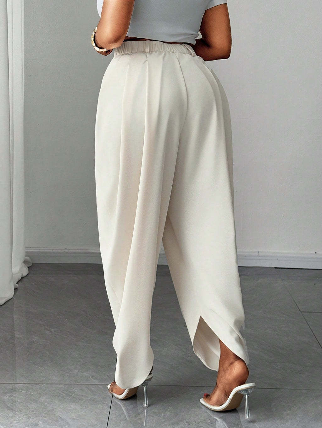 Plus Size Pleated Maxi Pants – Apricot Wide Leg Trousers with Pockets, High Waist Casual Elegant