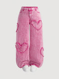 Plus Size Women’s Heart Print Pink Straight Leg Jeans – Casual Cotton High Waist Denim Pants