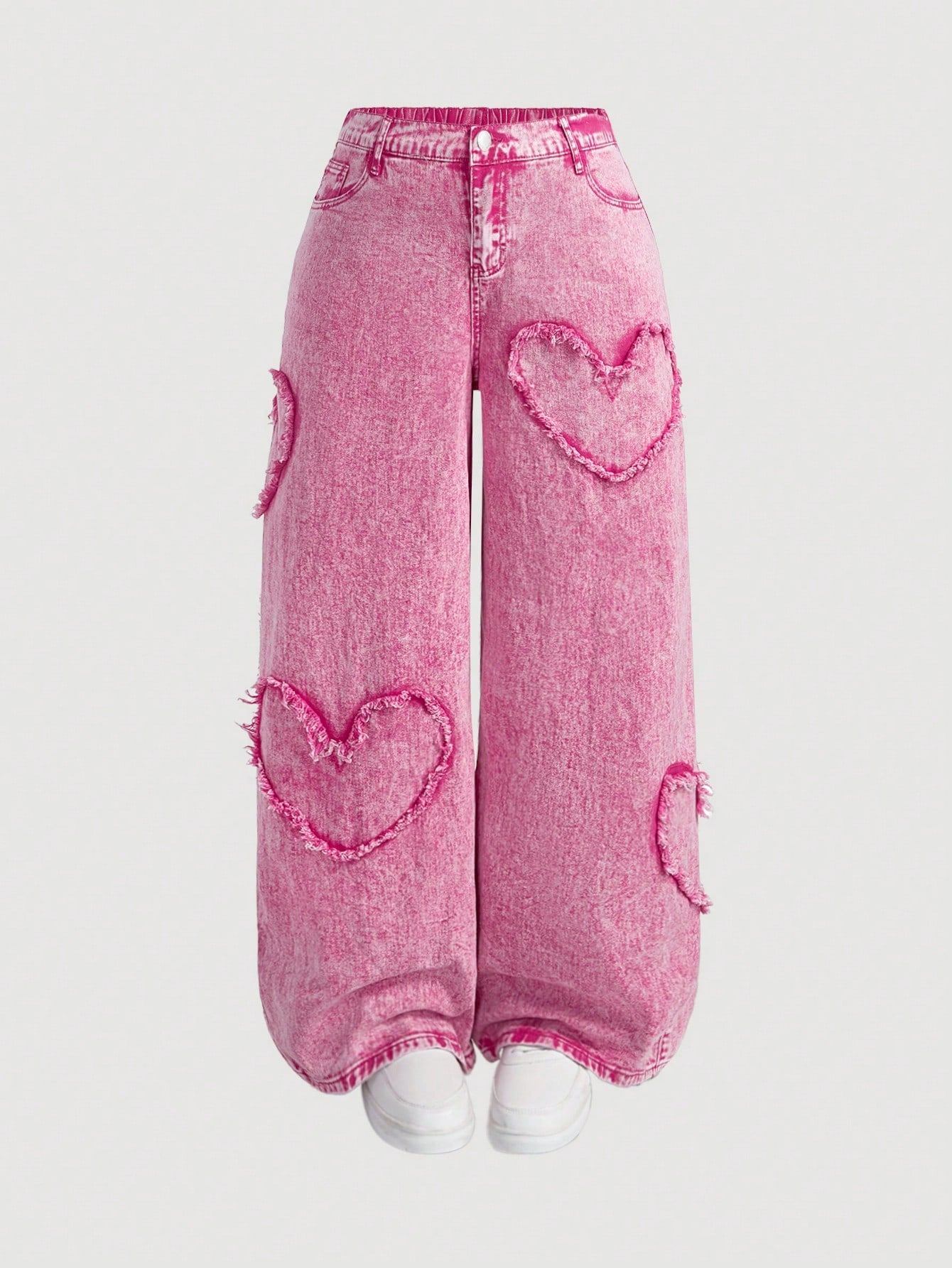 Plus Size Women’s Heart Print Pink Straight Leg Jeans – Casual Cotton High Waist Denim Pants