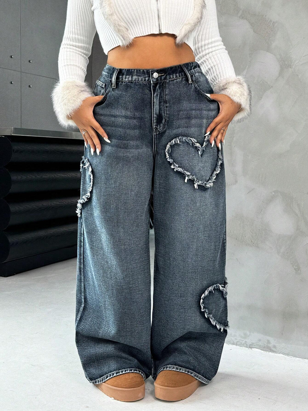 Plus Size Blue Heart Design Straight Leg Jeans for Women – High Waist Casual Denim Pants