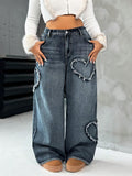 Plus Size Blue Heart Design Straight Leg Jeans for Women – High Waist Casual Denim Pants