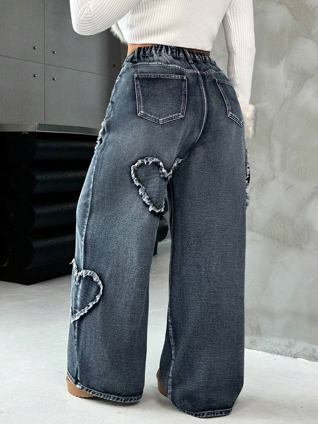 Plus Size Blue Heart Design Straight Leg Jeans for Women – High Waist Casual Denim Pants