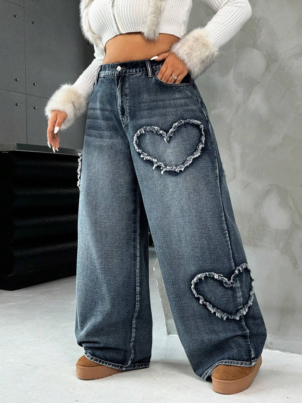Plus Size Blue Heart Design Straight Leg Jeans for Women – High Waist Casual Denim Pants