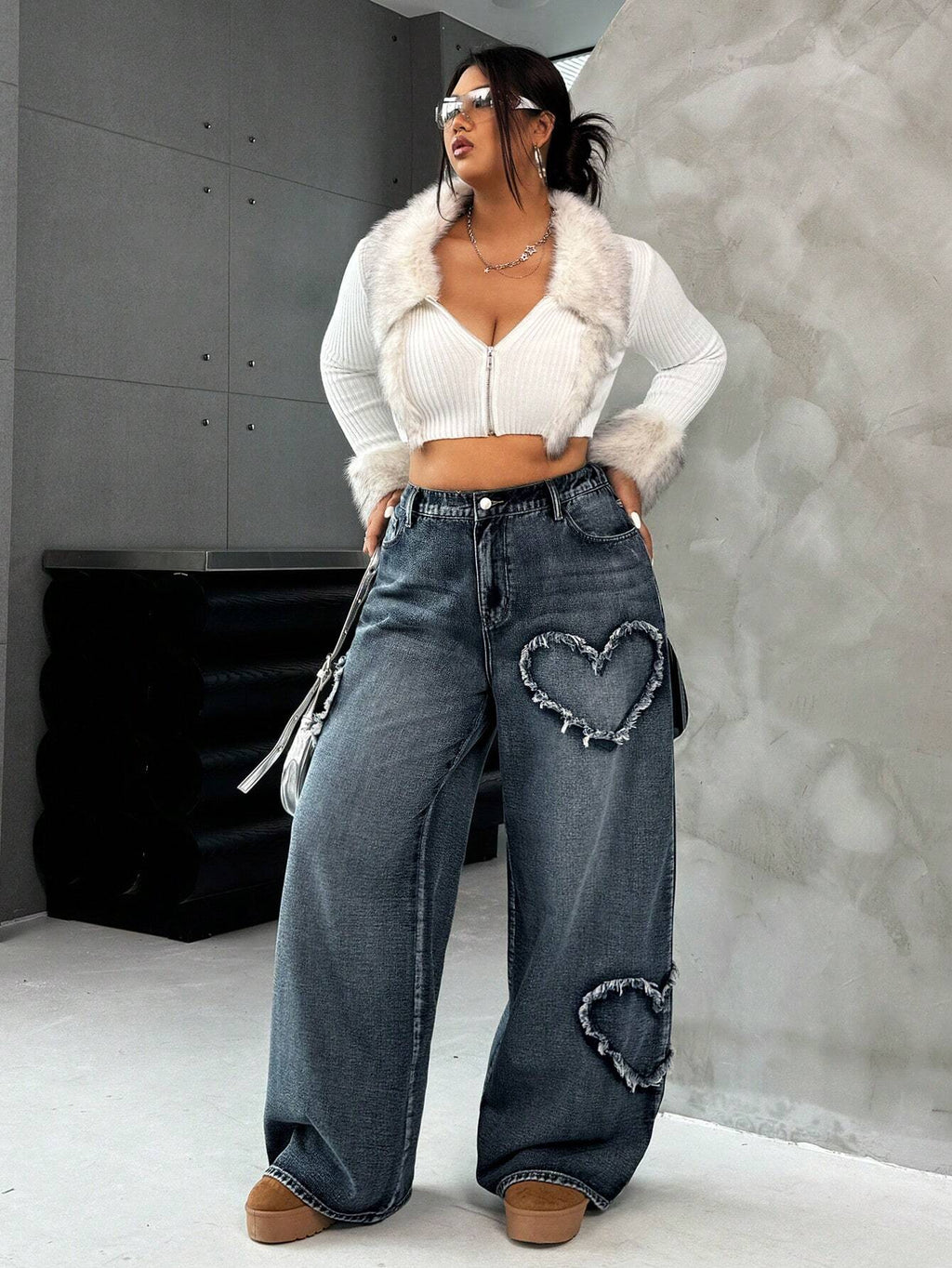 Plus Size Blue Heart Design Straight Leg Jeans for Women – High Waist Casual Denim Pants