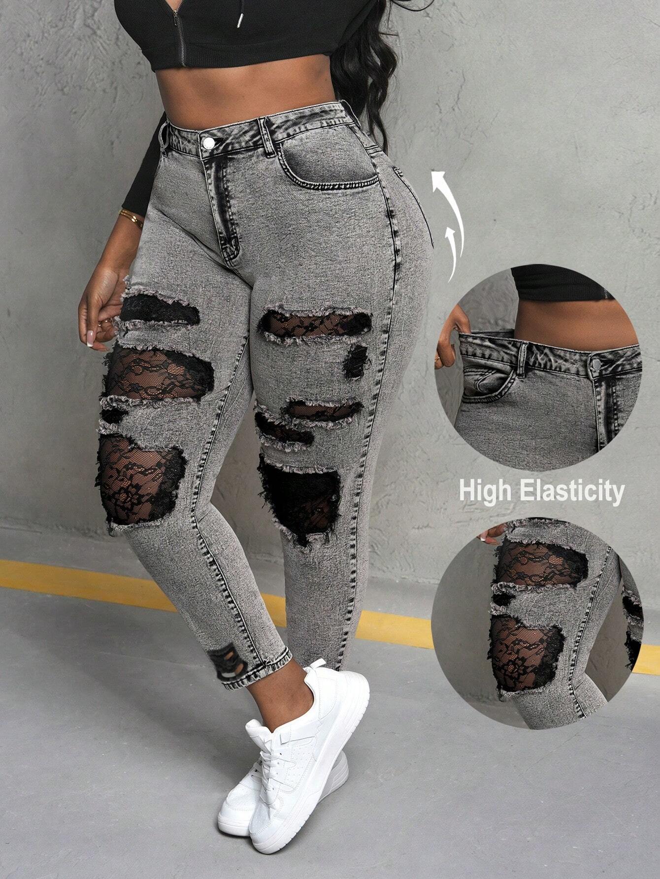 Plus Size Women’s Sexy Distressed Lace Patchwork Skinny Jeans – High Stretch Denim Pants