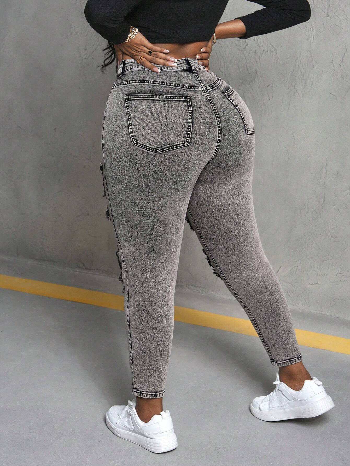 Plus Size Women’s Sexy Distressed Lace Patchwork Skinny Jeans – High Stretch Denim Pants