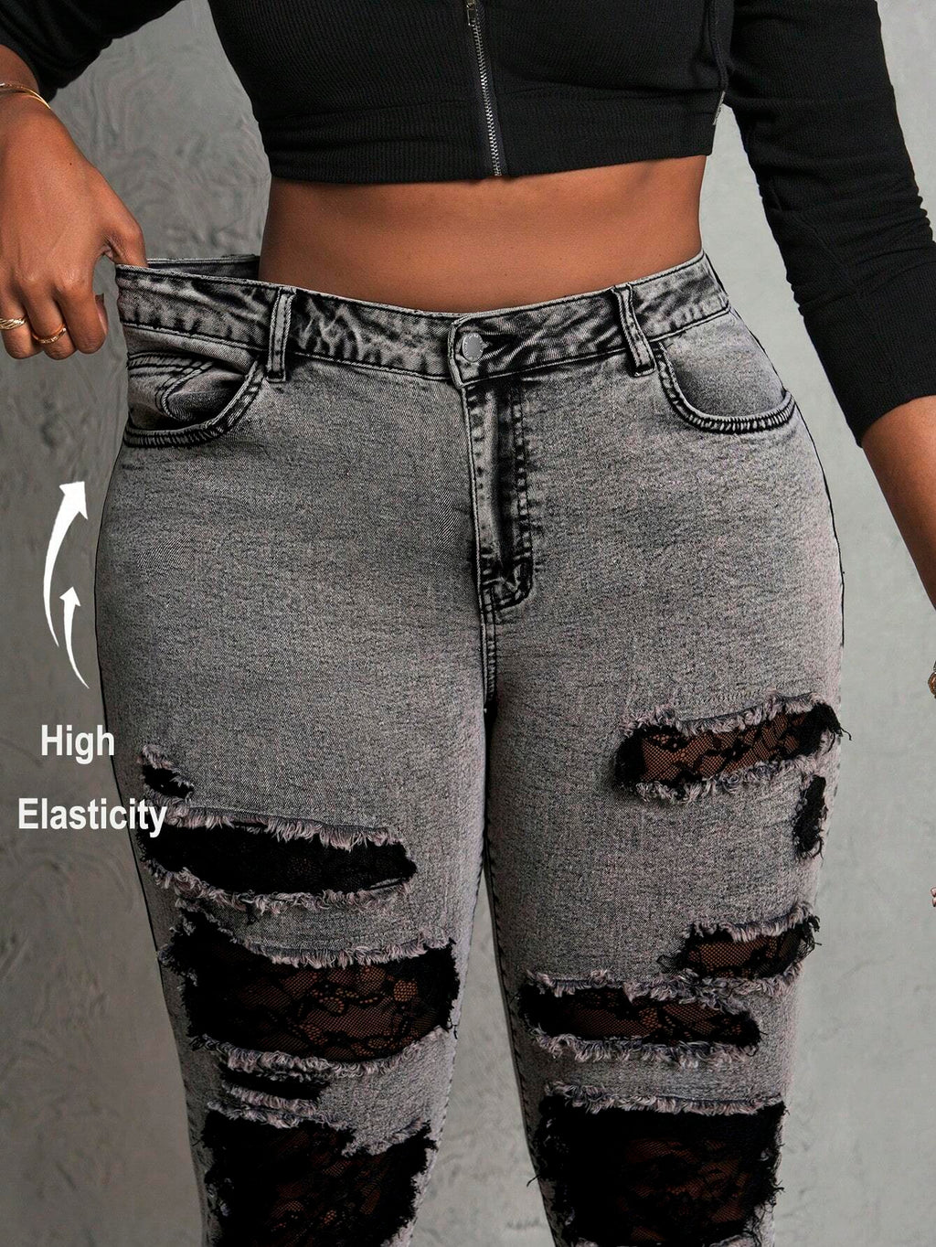Plus Size Women’s Sexy Distressed Lace Patchwork Skinny Jeans – High Stretch Denim Pants
