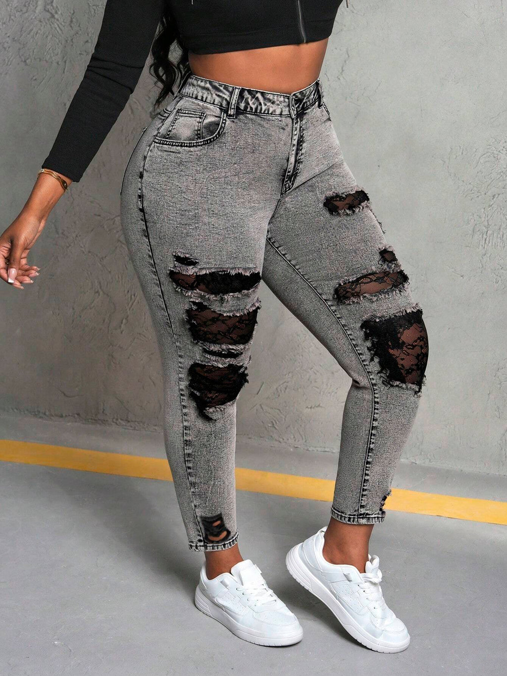 Plus Size Women’s Sexy Distressed Lace Patchwork Skinny Jeans – High Stretch Denim Pants