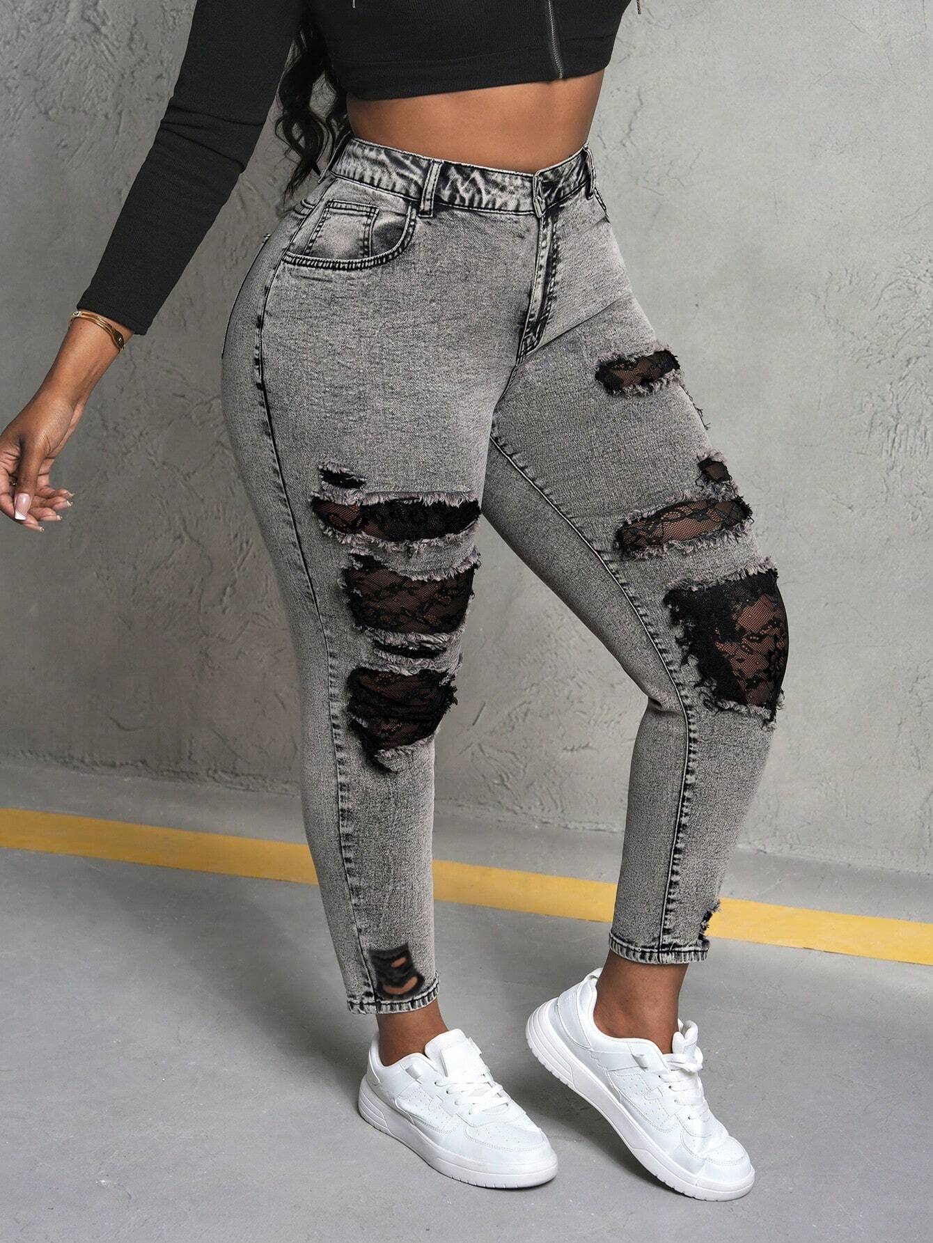 Plus Size Women’s Sexy Distressed Lace Patchwork Skinny Jeans – High Stretch Denim Pants