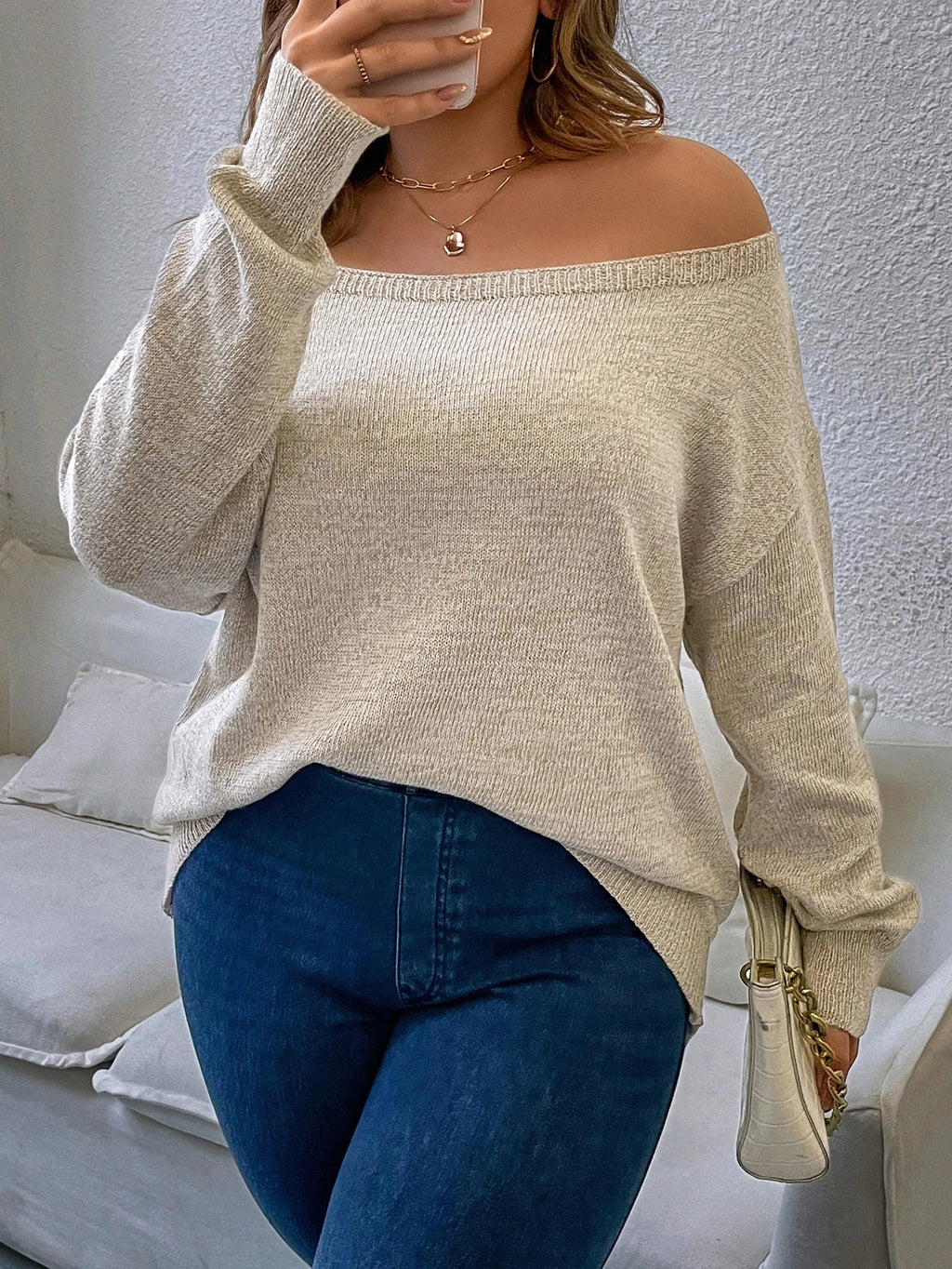 Plus Size Off Shoulder Sweater – Casual Solid Color Loose Fit Autumn Knit Top for Women