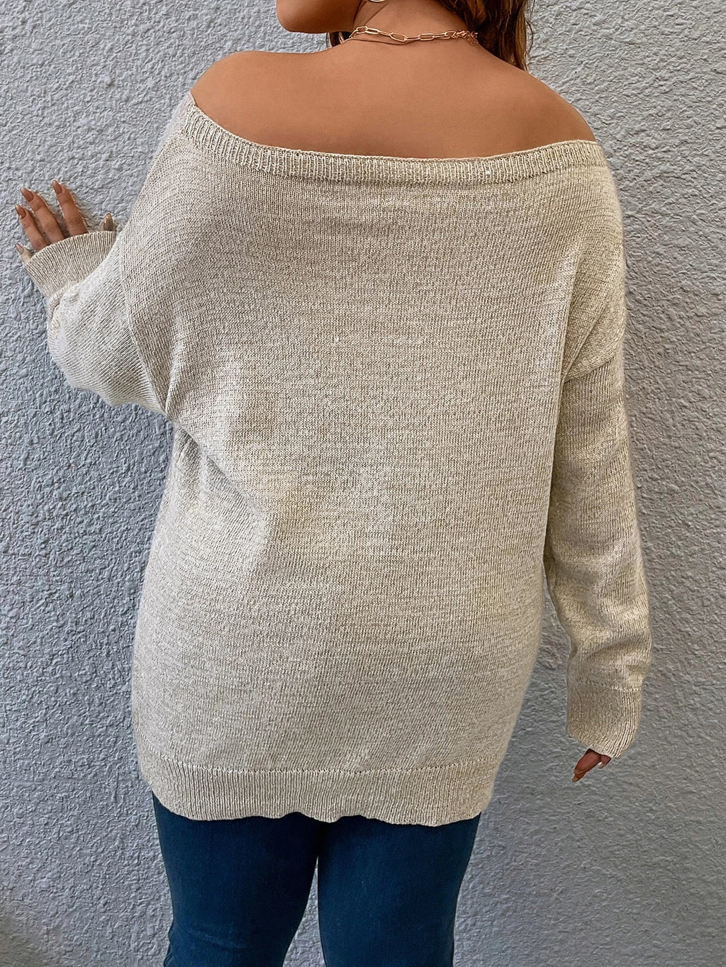 Plus Size Off Shoulder Sweater – Casual Solid Color Loose Fit Autumn Knit Top for Women