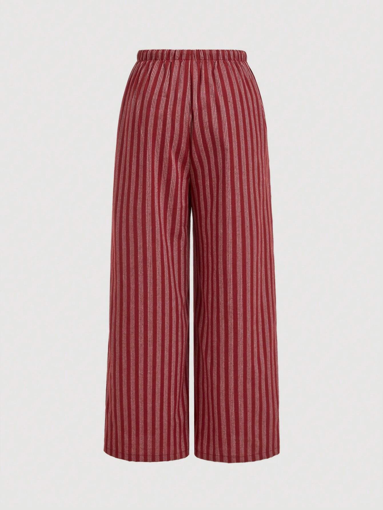 Plus Size Red Striped Wide Leg Pants – Casual Tie Waist Cotton Loose Fit Trousers for Women
