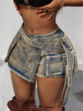 Plus Size Women’s Frayed Hem Denim Cargo Skort – Casual High Waist Stretch Skirt Shorts with Pockets