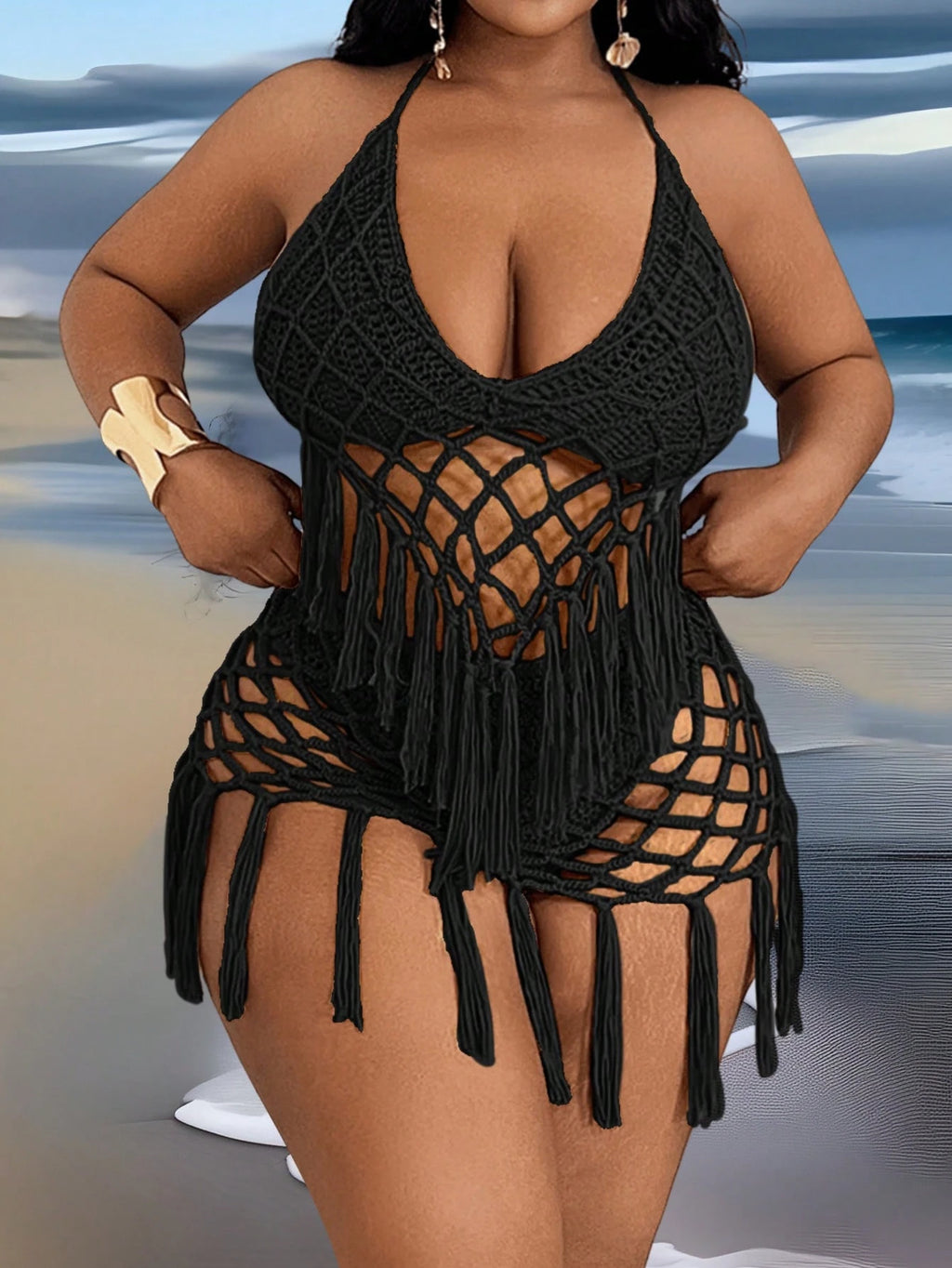Plus Size Women’s Tassel Hollow-Out Camisole & Triangle Panty Set – 2-Piece Beach Holiday Outfit