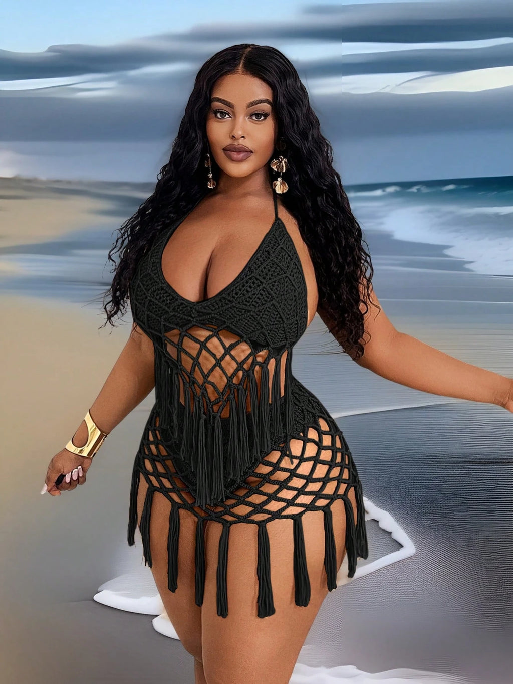 Plus Size Women’s Tassel Hollow-Out Camisole & Triangle Panty Set – 2-Piece Beach Holiday Outfit