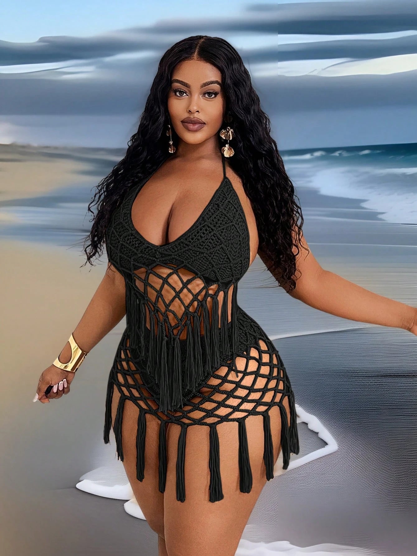 Plus Size Women’s Tassel Hollow-Out Camisole & Triangle Panty Set – 2-Piece Beach Holiday Outfit