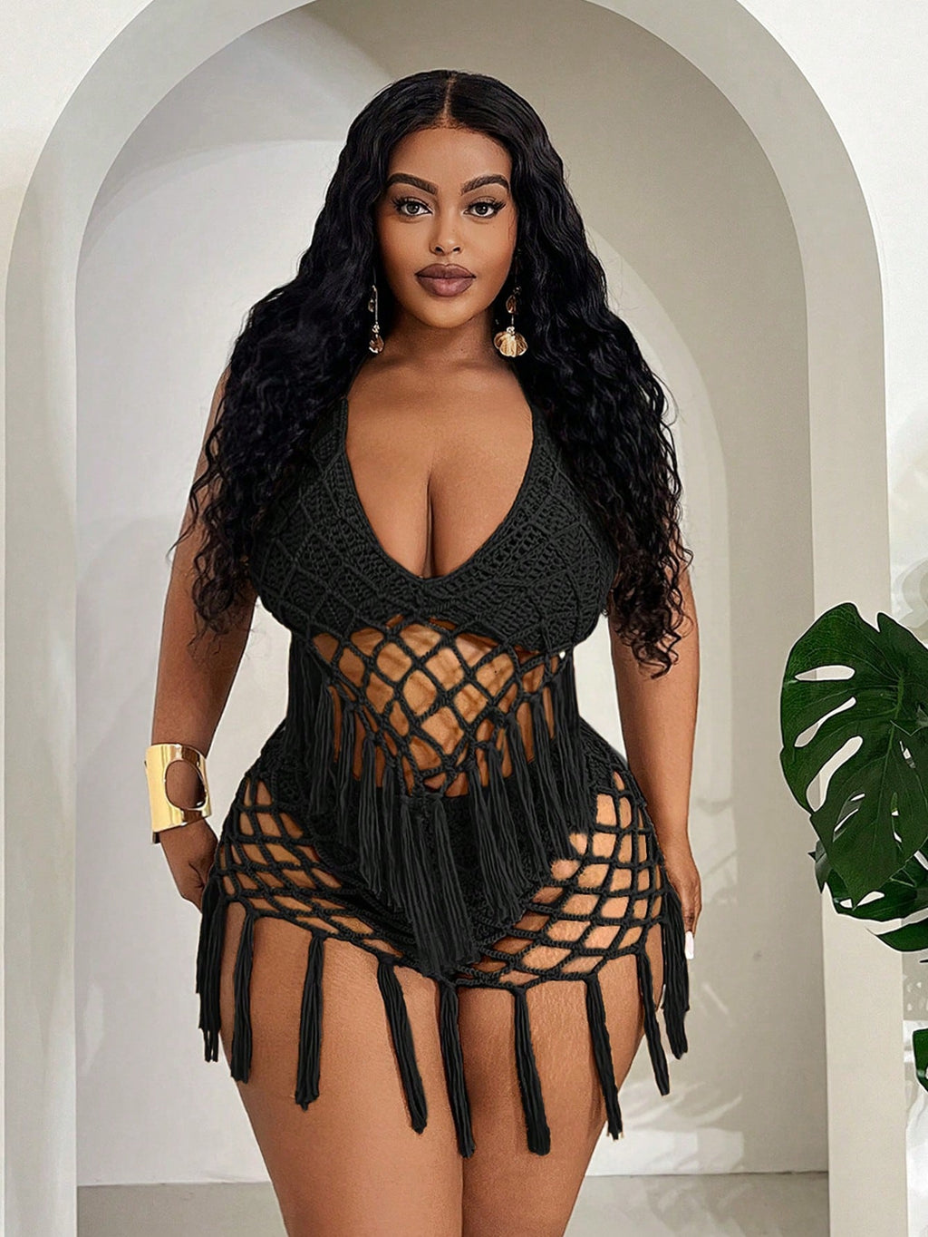 Plus Size Women’s Tassel Hollow-Out Camisole & Triangle Panty Set – 2-Piece Beach Holiday Outfit