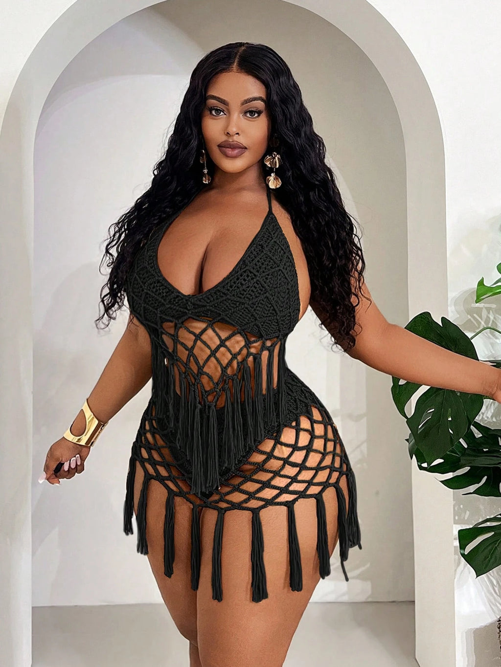 Plus Size Women’s Tassel Hollow-Out Camisole & Triangle Panty Set – 2-Piece Beach Holiday Outfit