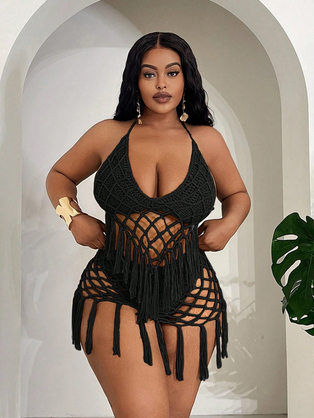 Plus Size Women’s Tassel Hollow-Out Camisole & Triangle Panty Set – 2-Piece Beach Holiday Outfit