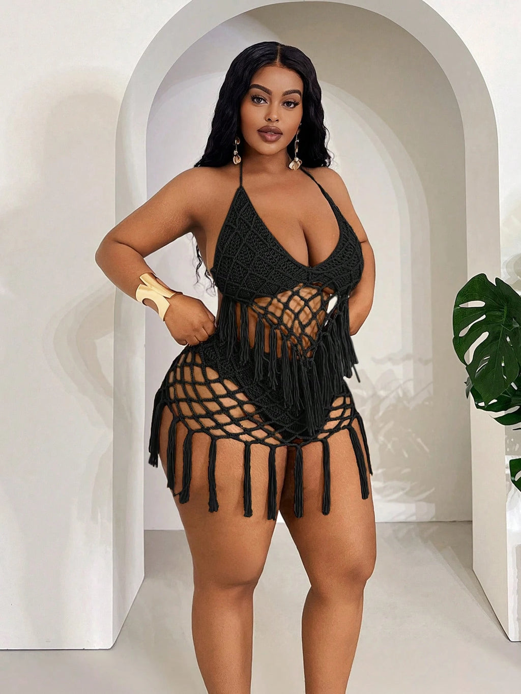 Plus Size Women’s Tassel Hollow-Out Camisole & Triangle Panty Set – 2-Piece Beach Holiday Outfit