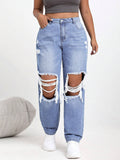 Plus Size Women’s Distressed Denim Jeans – High Waisted Casual Ripped Jeans with Pockets – Comfortable Everyday Fit