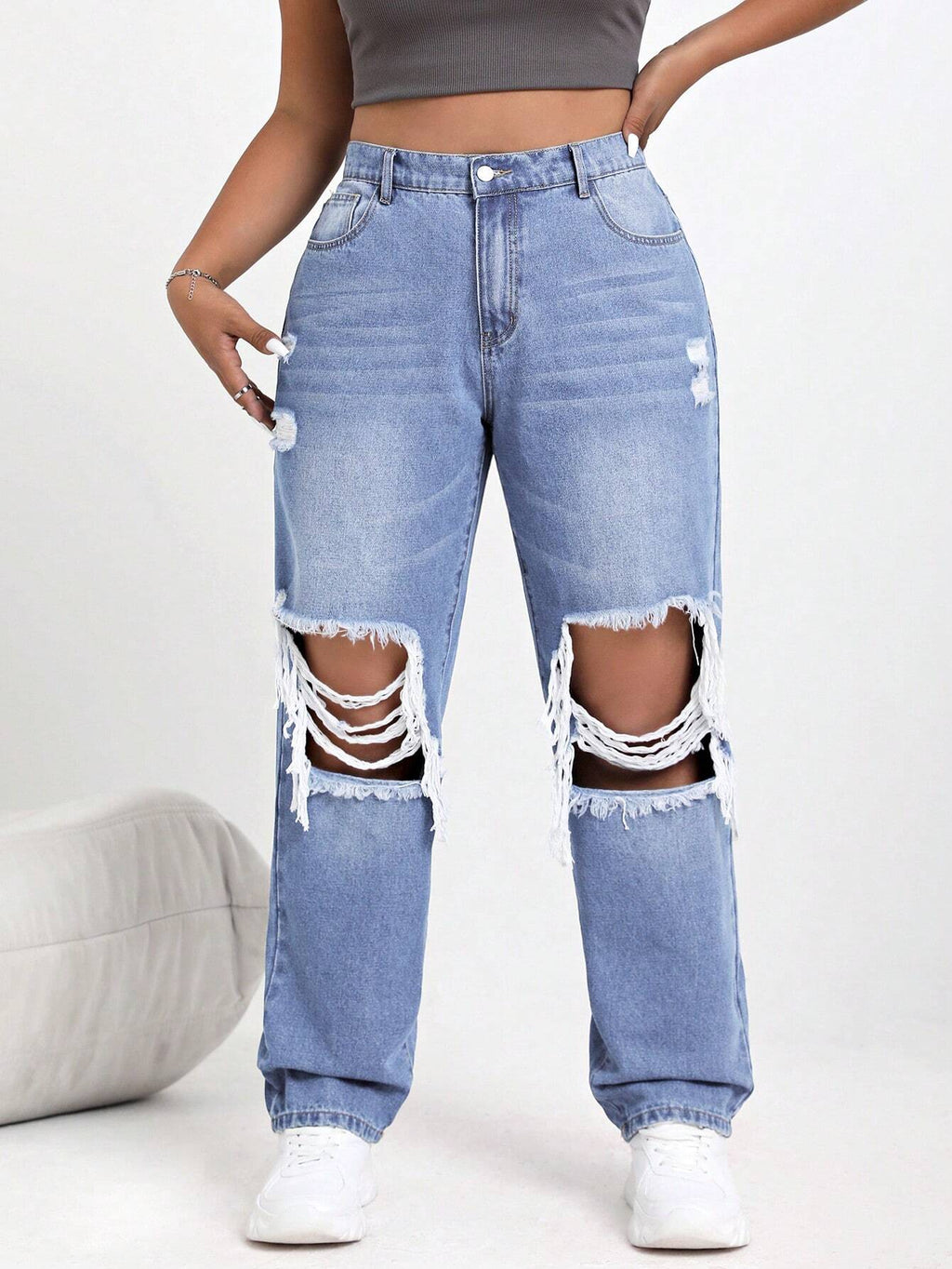 Plus Size Women’s Distressed Denim Jeans – High Waisted Casual Ripped Jeans with Pockets – Comfortable Everyday Fit