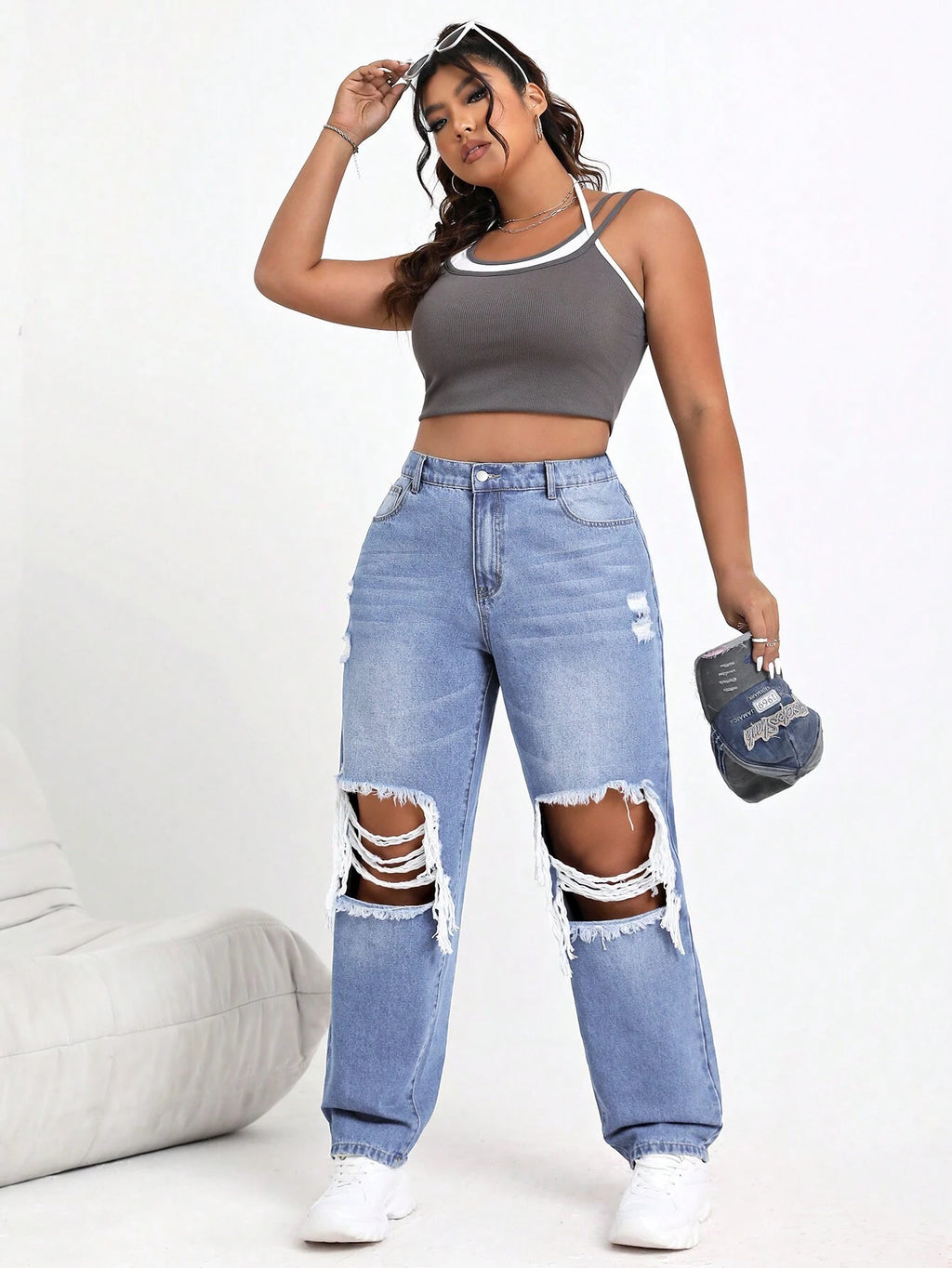 Plus Size Women’s Distressed Denim Jeans – High Waisted Casual Ripped Jeans with Pockets – Comfortable Everyday Fit