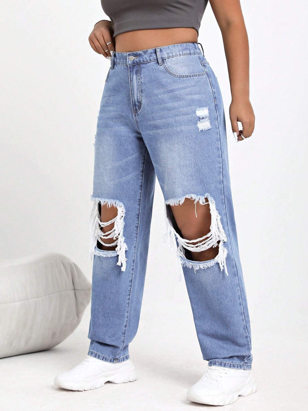 Plus Size Women’s Distressed Denim Jeans – High Waisted Casual Ripped Jeans with Pockets – Comfortable Everyday Fit