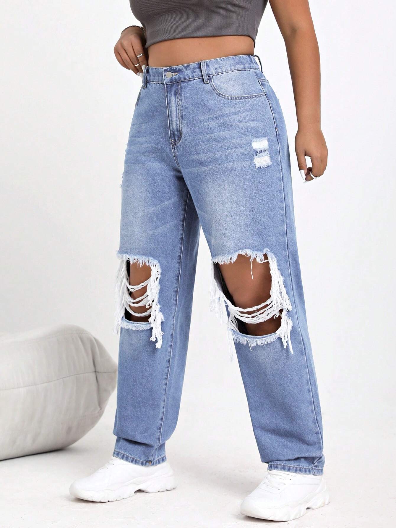 Plus Size Women’s Distressed Denim Jeans – High Waisted Casual Ripped Jeans with Pockets – Comfortable Everyday Fit