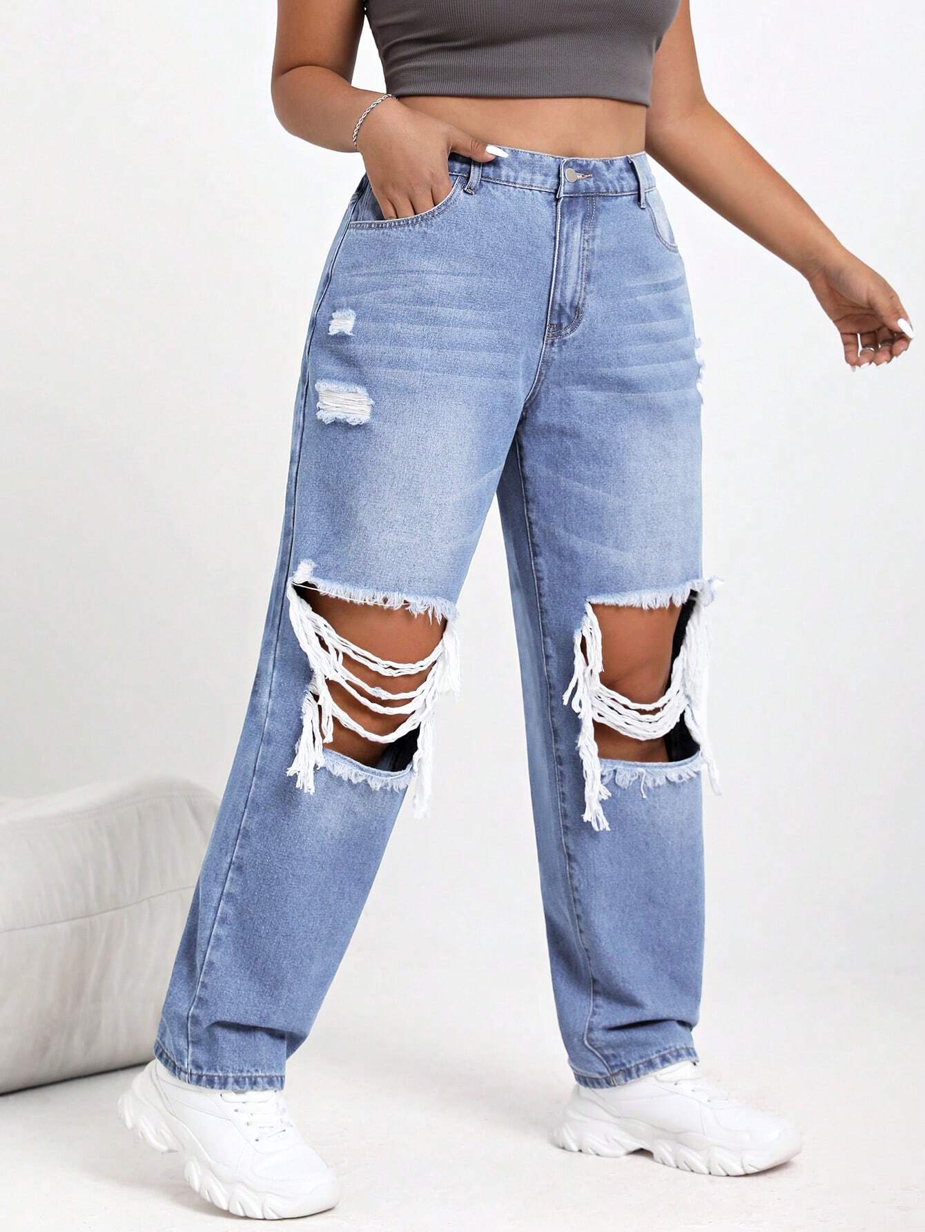Plus Size Women’s Distressed Denim Jeans – High Waisted Casual Ripped Jeans with Pockets – Comfortable Everyday Fit