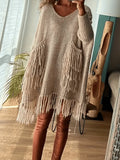 Plus Size Elegant V-Neck Pullover Sweater – Long Sleeve Long Length with Pockets & Tassel Detail for Autumn/Winter
