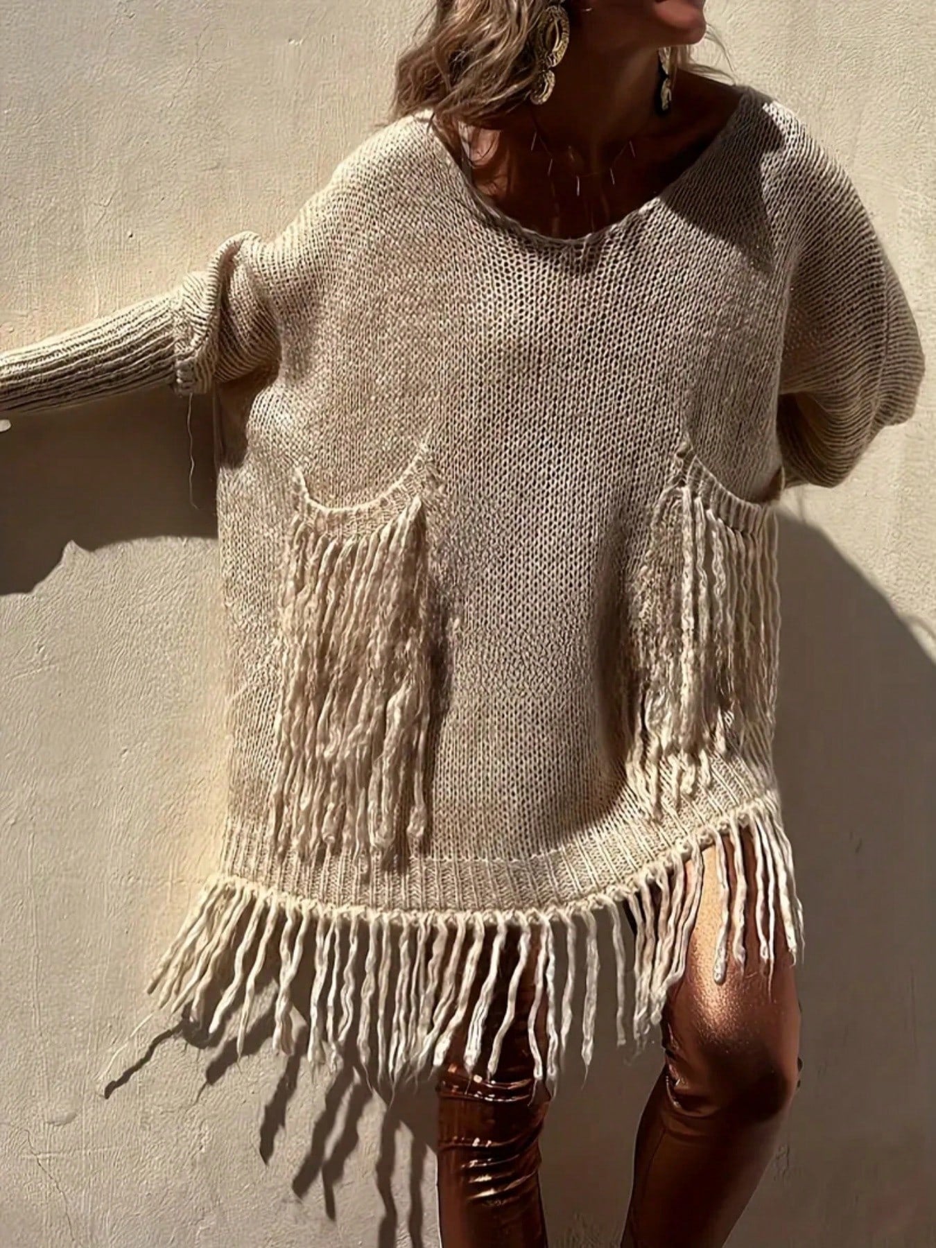 Plus Size Elegant V-Neck Pullover Sweater – Long Sleeve Long Length with Pockets & Tassel Detail for Autumn/Winter