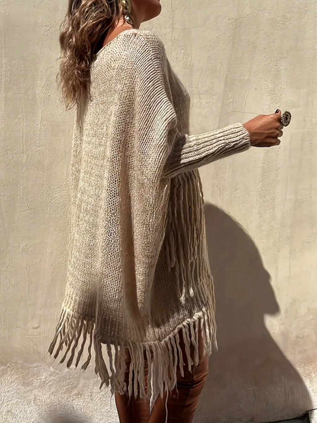 Plus Size Elegant V-Neck Pullover Sweater – Long Sleeve Long Length with Pockets & Tassel Detail for Autumn/Winter