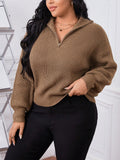 Plus Size Women’s Half-Zip Sweater – Khaki Drop Shoulder Casual Loose Fit Pullover Knit Top