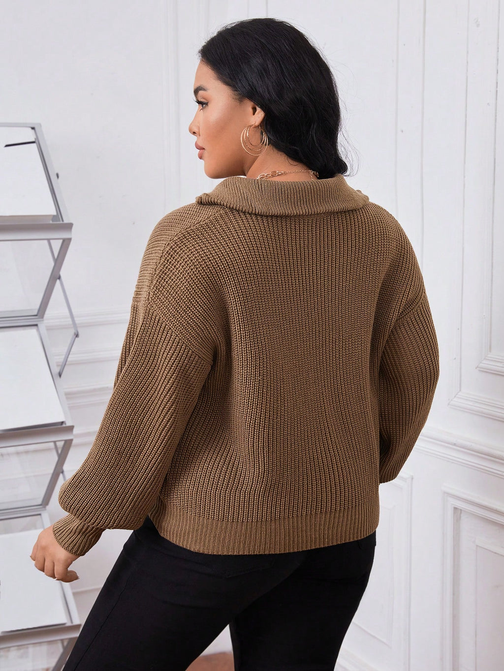 Plus Size Women’s Half-Zip Sweater – Khaki Drop Shoulder Casual Loose Fit Pullover Knit Top