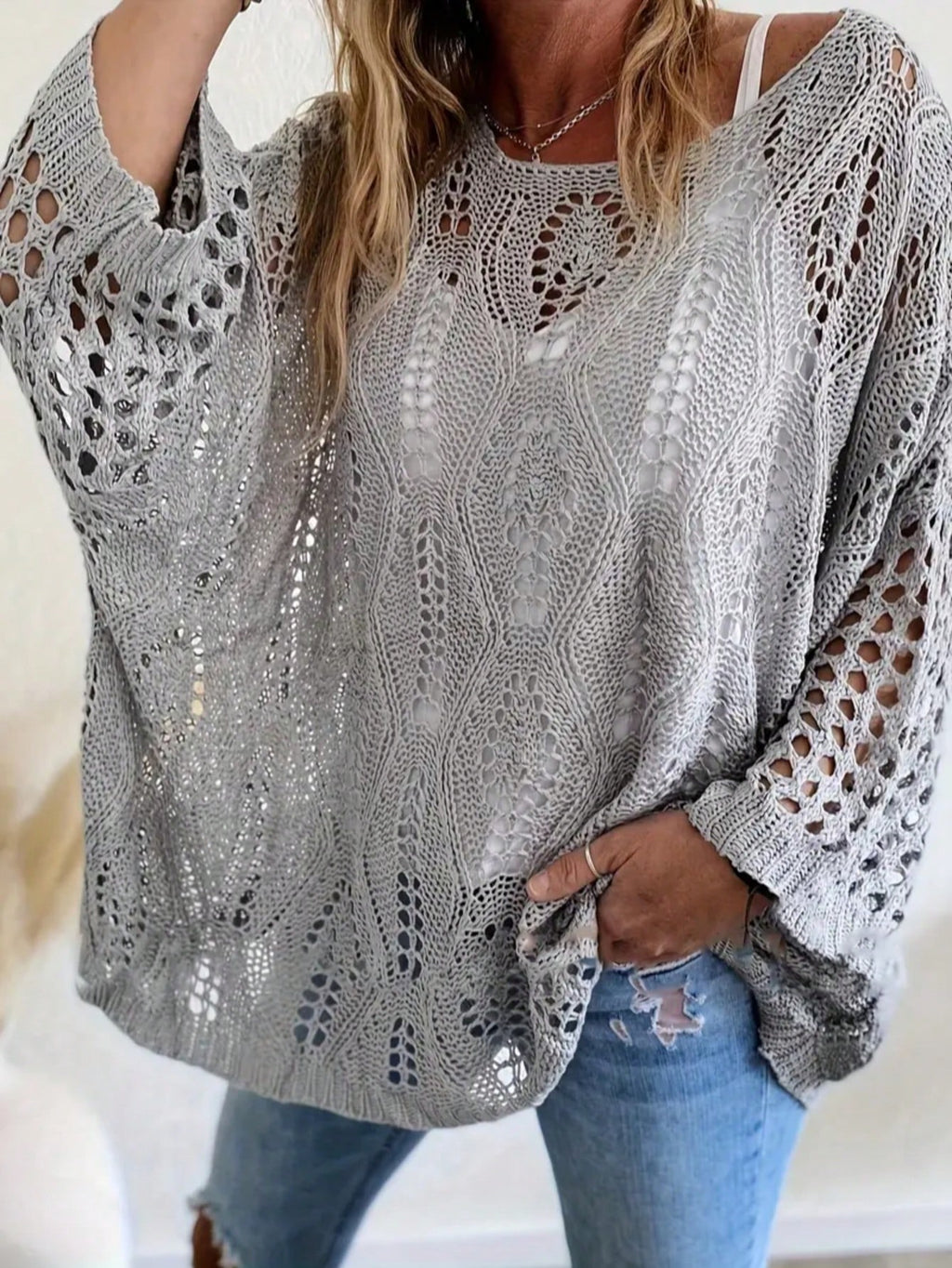 Plus Size Women’s Hollow Out Knit Cover-Up Top – Loose Fit Lightweight Summer & Beach Layering Top
