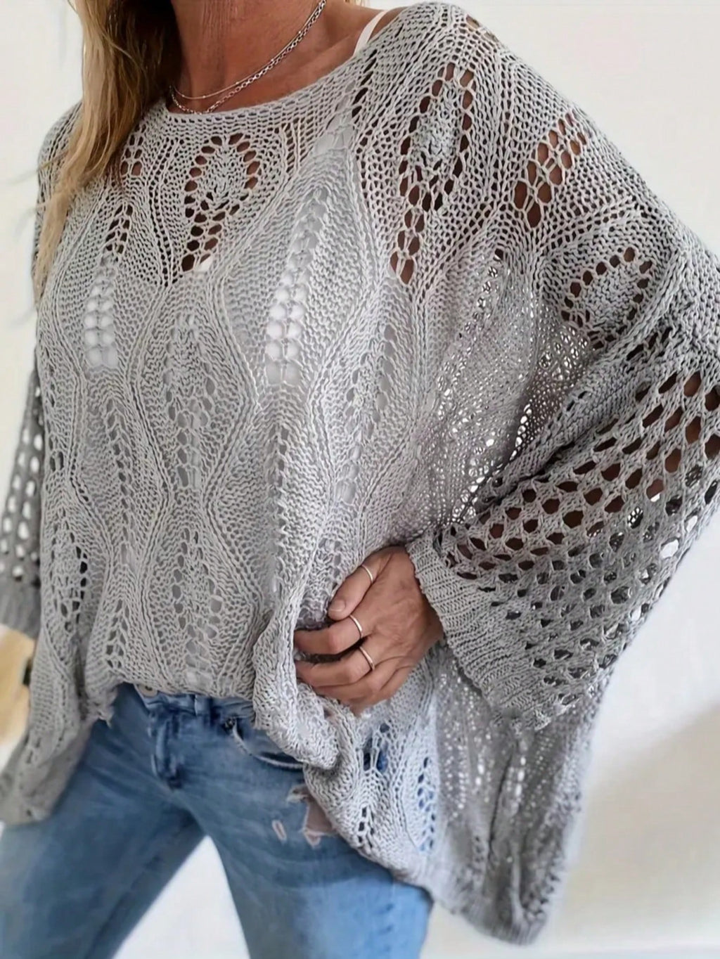 Plus Size Women’s Hollow Out Knit Cover-Up Top – Loose Fit Lightweight Summer & Beach Layering Top