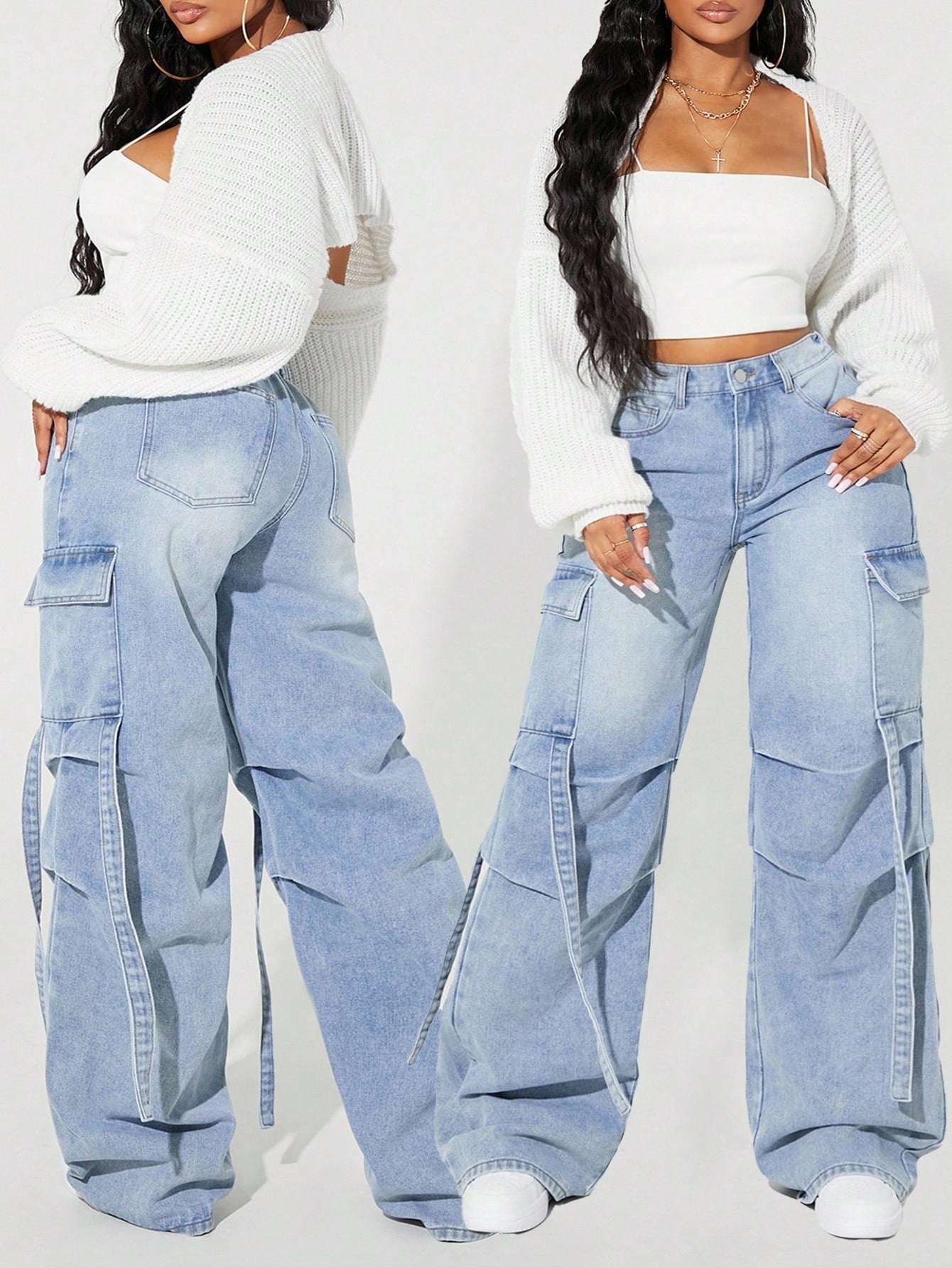 Plus Size Women’s Pleated Cargo Jeans – Distressed Loose Fit Casual Denim Pants with Pockets