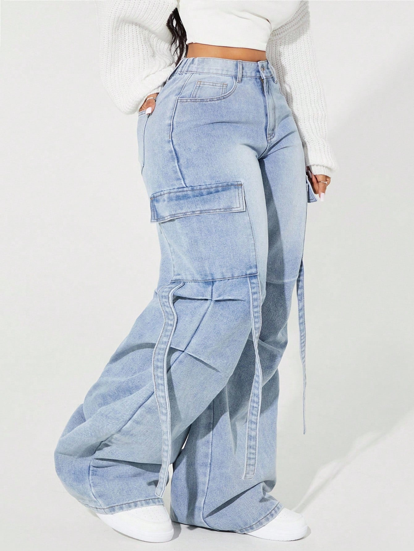 Plus Size Women’s Pleated Cargo Jeans – Distressed Loose Fit Casual Denim Pants with Pockets