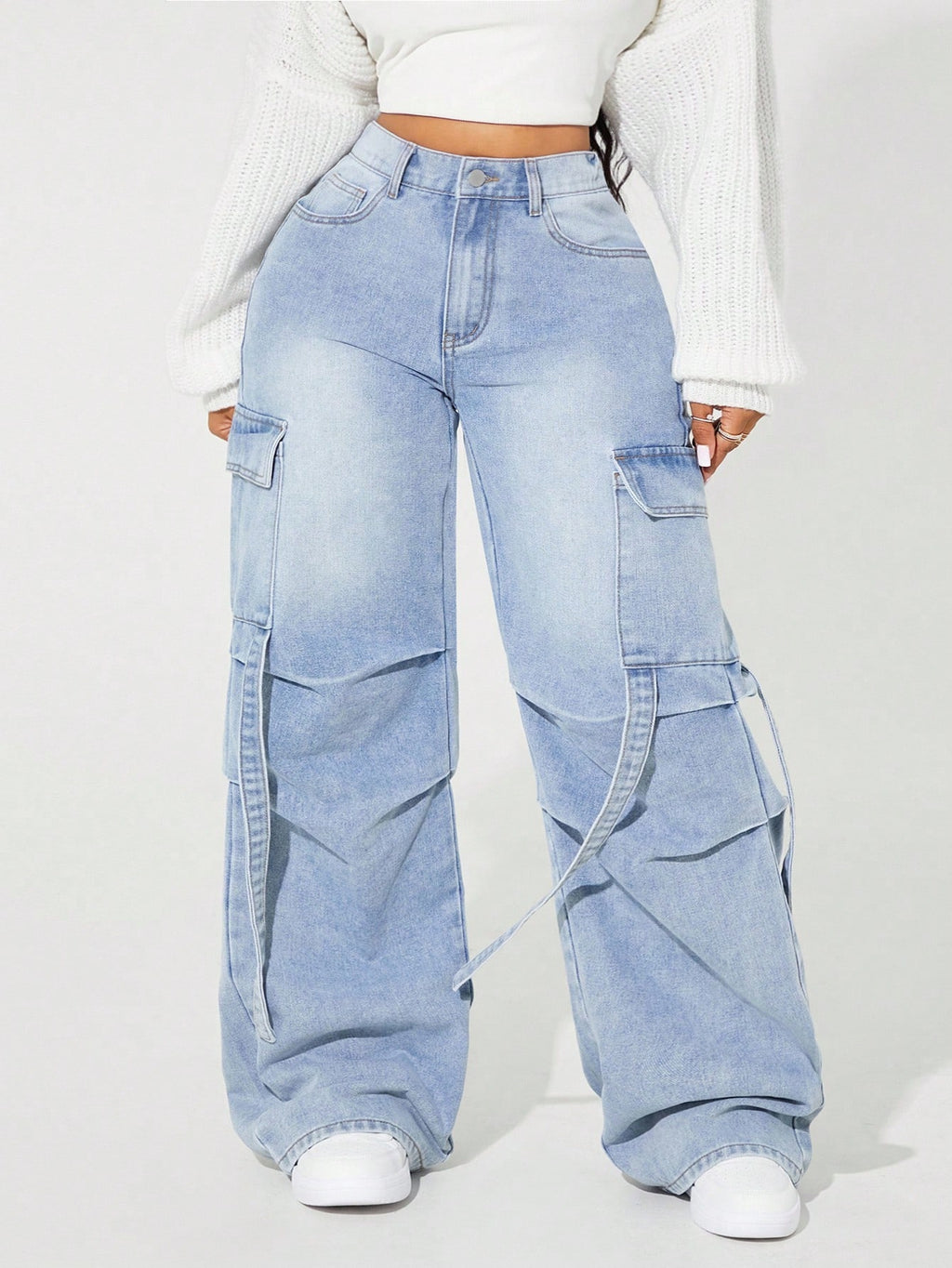 Plus Size Women’s Pleated Cargo Jeans – Distressed Loose Fit Casual Denim Pants with Pockets