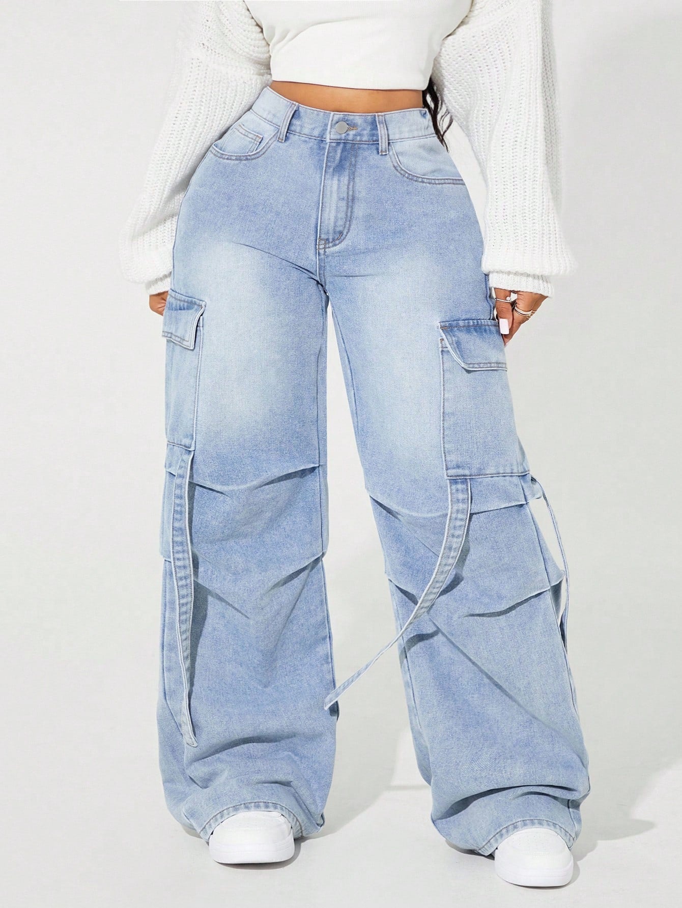 Plus Size Women’s Pleated Cargo Jeans – Distressed Loose Fit Casual Denim Pants with Pockets