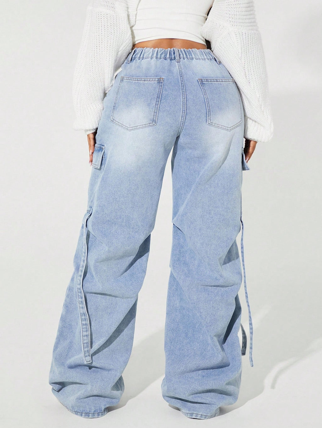 Plus Size Women’s Pleated Cargo Jeans – Distressed Loose Fit Casual Denim Pants with Pockets