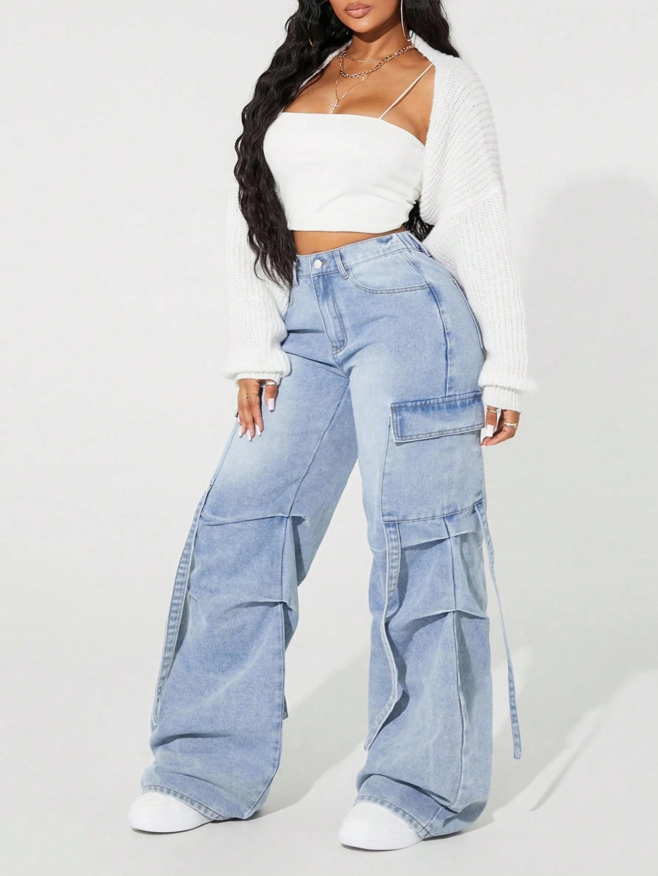Plus Size Women’s Pleated Cargo Jeans – Distressed Loose Fit Casual Denim Pants with Pockets