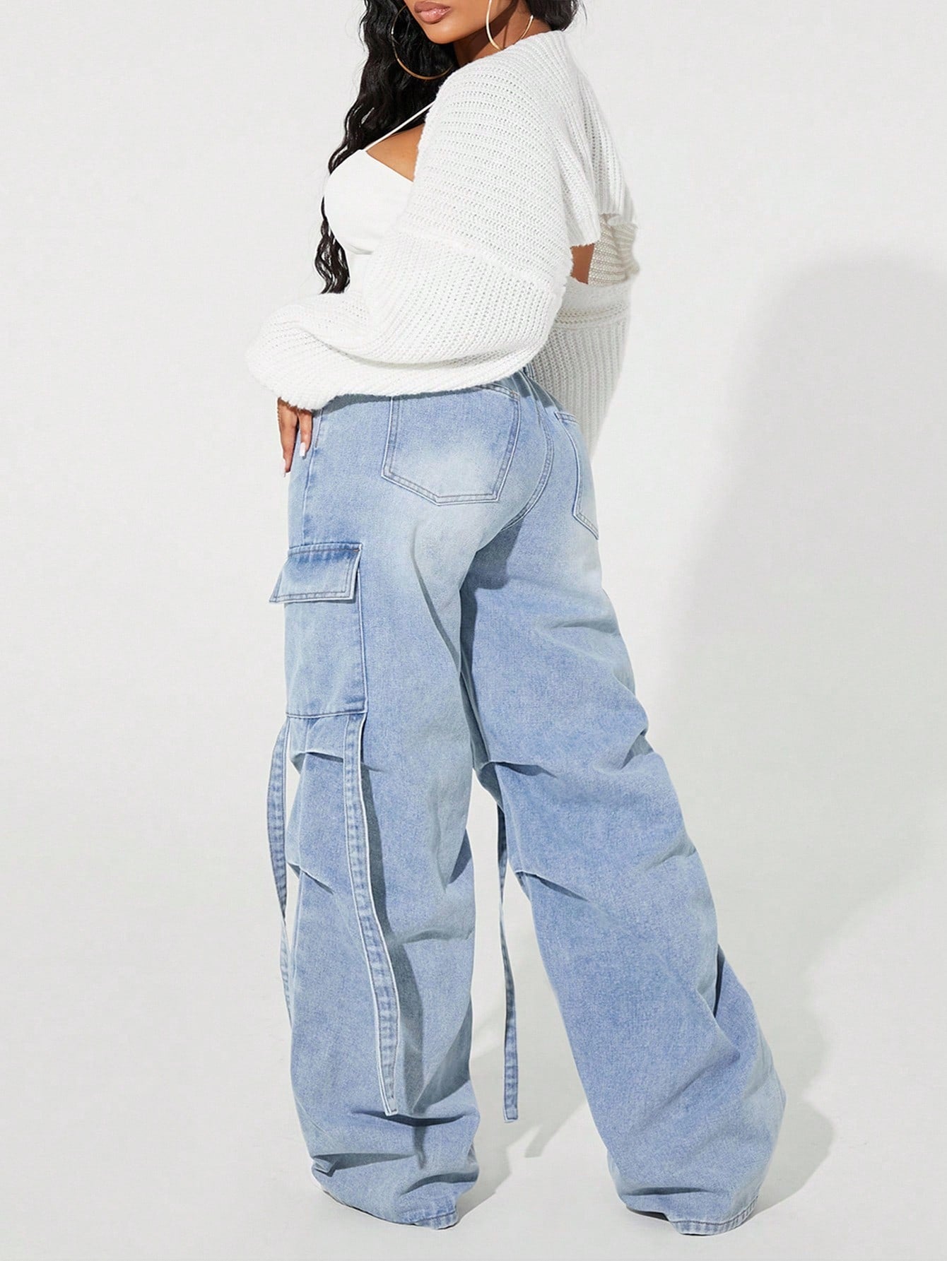 Plus Size Women’s Pleated Cargo Jeans – Distressed Loose Fit Casual Denim Pants with Pockets