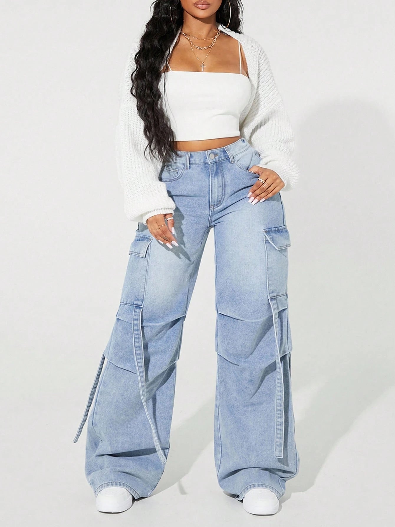 Plus Size Women’s Pleated Cargo Jeans – Distressed Loose Fit Casual Denim Pants with Pockets